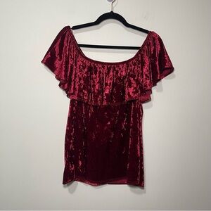 Paradiso Women’s Red Crushed Velvet Off Shoulder Ruffle blouse holiday Top in L